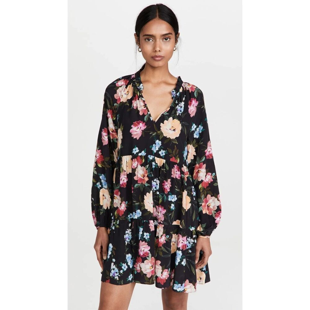 YUMI KIM Vicky Black Pink Yellow Floral Boho Tiered Babydoll Mini Dress Small